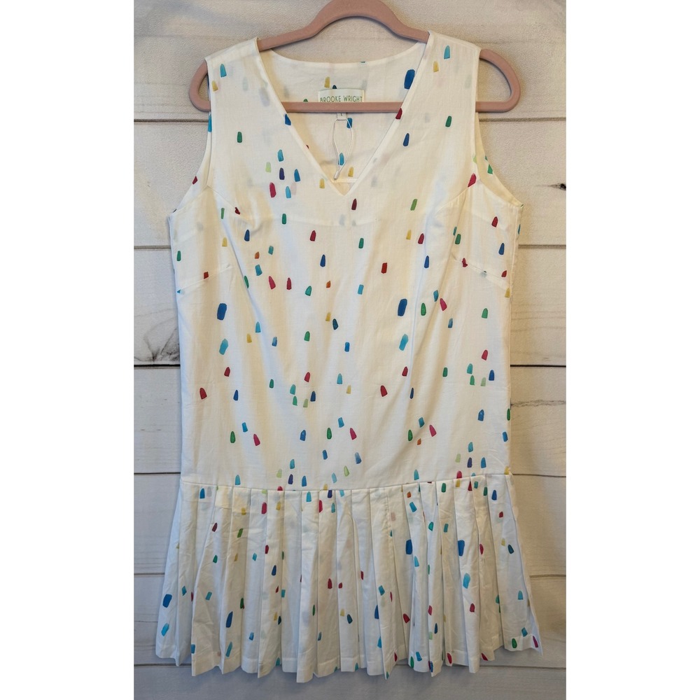 Brooke Wright Designs White Multi Color Paint Stroke Drop Waist Pleated Dress L